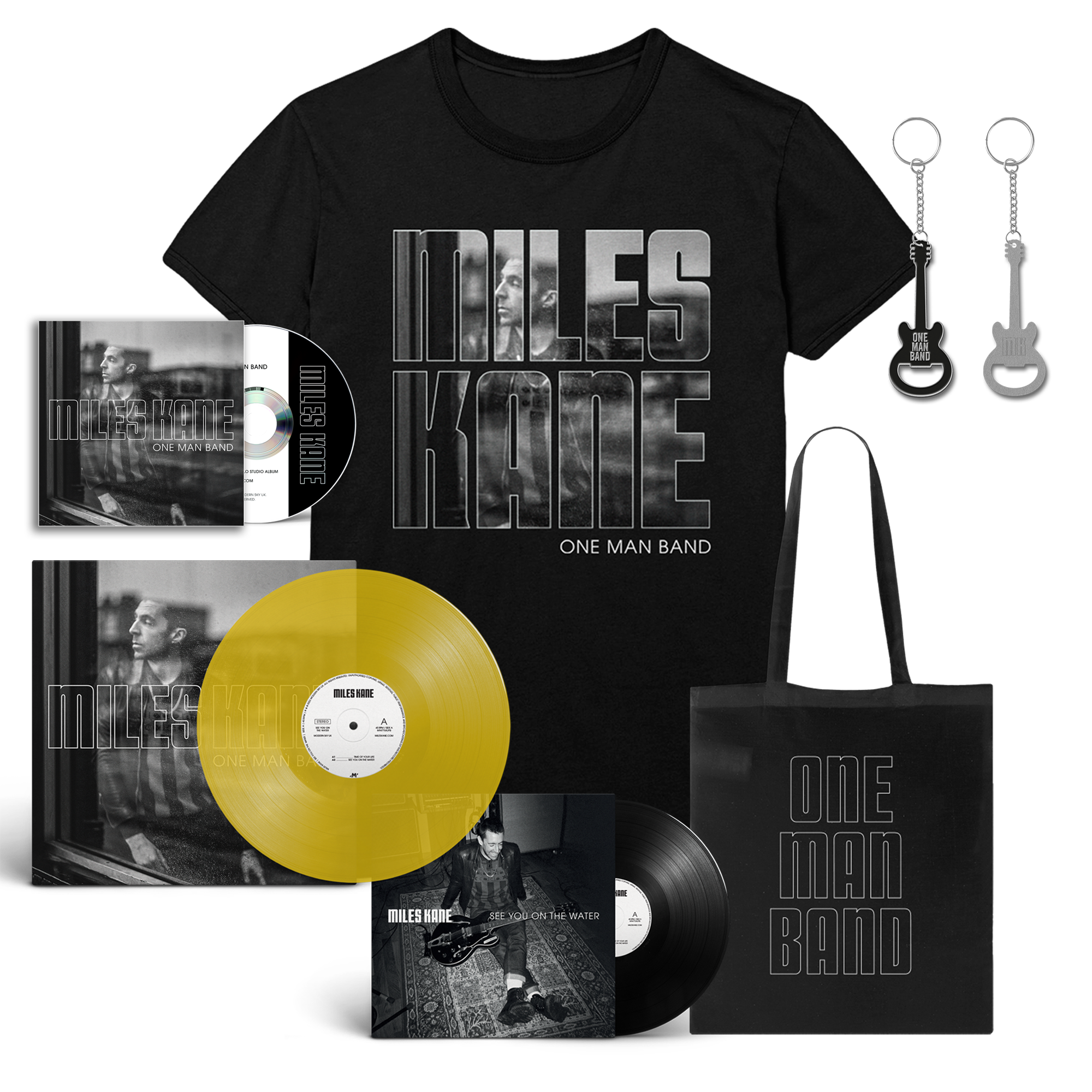 Black T-shirt, Tote, bottle opener, yellow vinyl and CD bundle